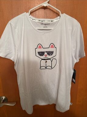 Karl Lagerfeld White Cat Graphic Tee with Pink Accents
